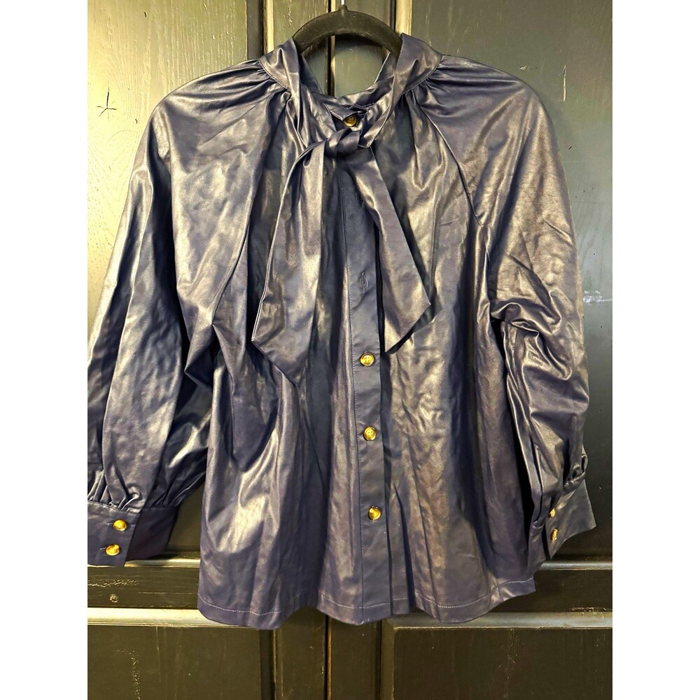 Rachel Comey Blue Solid Faux Leather High Neck Long Sleeve Button Blouse 0